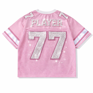 T-shirts courts personnalisés roses en maille avec strass pour femmes, maillots de football américain style équipe avec numéro personnalisé et paillettes, OEM, marque privée, vente en gros - Product Image 3