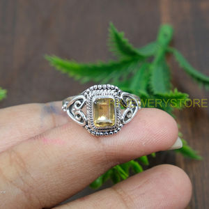 Bague en argent sterling 925 avec citrine jaune, pierre précieuse taille émeraude, bague vintage faite à la main, bague statement pour femme, bijoux en gros - Product Image 6
