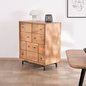 Cómoda de cuatro cajones Vandana Royal Aura con frentes con efecto de tablero de ajedrez en madera de acacia, diseño tipo rompecabezas, patas metálicas retro - Product Image 6