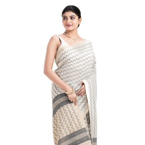Sari en soie et coton à motif géométrique crème avec bordure grise, tissu Habotai tissé pour femmes, poids moyen, 58/60 pouces - Product Image 1