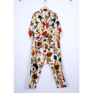 Conjunto de Pijama de Algodón Puro para Mujer, Cuello en V, Largo, Transpirable, Ligero, Suave, Algodón Indio, Estampado Floral Grande, Verano - Product Image 5