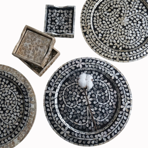 Handmade Mother Of Pearl Inlay Wood Charger Plates <b>Round</b> Black And <b>White</b> Floral Underplates For Hotel & Fine <b>Dining</b> <b>Table</b> Decor - Product Image 1