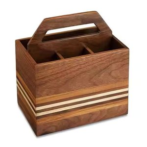 Organisateur de couverts en bois de manguier pour table de cuisine, nouveau support à couverts avec 4 compartiments et bouton en métal doré - Product Image 3