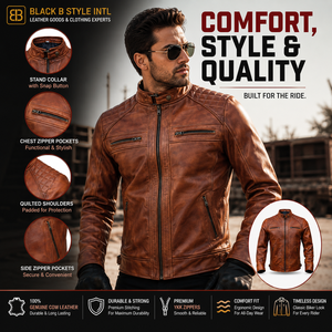 Premium Men's Genuine Cowhide Leather Biker <b>Jacket</b> Vintage Brown Motorcycle <b>Racing</b> <b>Jacket</b> with Quilted Shoulders - Product Image 6