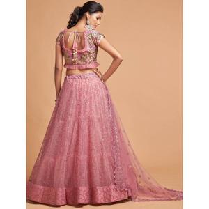 Vêtements de fête en filet brodé de fil rose blush unique Lehenga Choli - Product Image 3