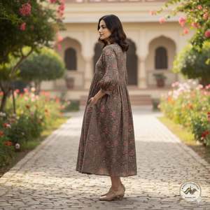 Floral A LINE Cotton Floor Length Dress O Neck <b>Three</b> Quarter Puff Sleeves Women's Daily Wear Embroidery Summer Outfit - Product Image 1