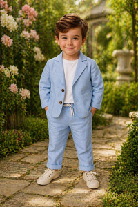 Ensemble de costume en lin rose clair pour garçons – Veste décontractée et pantalon à cordon de serrage pour mariages, fêtes et événements estivaux - Product Image 5