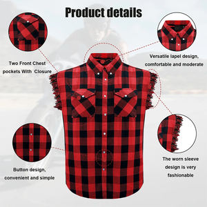 เสื้อเชิ้ตผ้าแฟลนเนลผู้ชายขายส่ง สีแดงดำ ลายตาราง ติดกระดุม มีกระเป๋าสองข้าง ผ้าฝ้ายผสมโพลีเอสเตอร์ ดีไซน์แขนเสื้อแบบสวม - Product Image 4