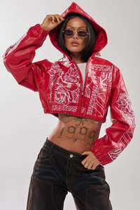 Blouson bomber en cuir PU rouge à capuche, imprimé floral, fermeture éclair, longueur courte, style Y2K, manteau d'automne pour femmes - Product Image 5