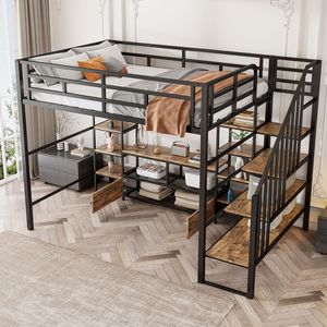 <b>Black</b> Full-Size Metal Loft <b>Bed</b> with Staircase Low <b>Storage</b> Table <b>Storage</b> Shelves - Product Image 2