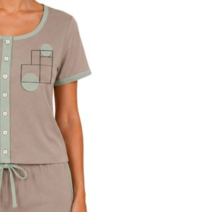 Taupe And Mint Women Two Piece Shorts Set Round Neck Button <b>Top</b> Geometric Print Casual Summer Cotton Lounge Wear Outfit Custom - Product Image 4