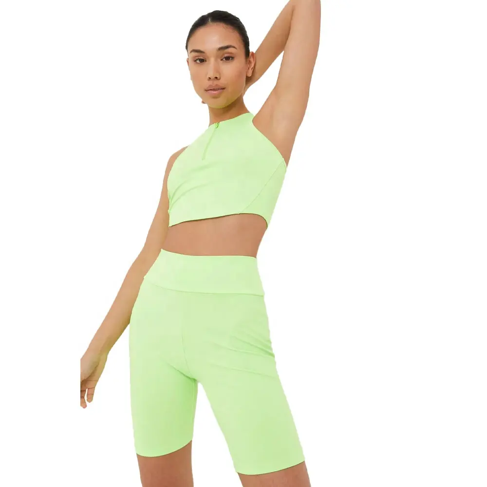 Toptan bambu kadın Yoga giyim yüksek elastik kumaşlar koşu egzersiz spor Fitness sutyen ile sporcu ağı tasarım kısa setleri
