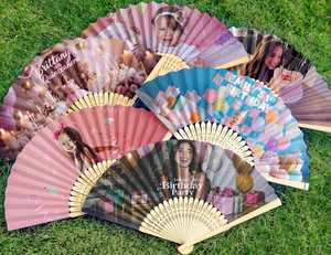 Handmade Wood Handicraft Folding <b>Fan</b> <b>Pink</b> Half Circle Shape with Child Photo Wedding Decoration Gift Customizable - Product Image 5