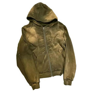 Sweat à capuche zippé personnalisé OEM pour homme, en molleton bouclette délavé style streetwear, effet délavé à l'acide, épais, avec strass - Product Image 3