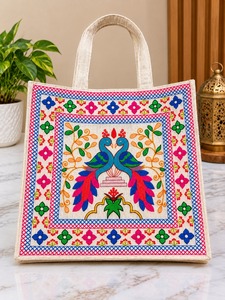Embroidered Cotton Zipper Closure Single Strap Tote <b>Bag</b> Custom Printed Design <b>Reusable</b> <b>Shopping</b> <b>Bag</b> for Women Christmas Occasion - Product Image 2