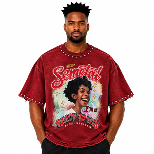 T-shirt en coton rouge coupe classique Semetal Ready to Win avec clous décoratifs sur le devant, style streetwear, col rond, manches courtes, éco-responsable pour homme - Product Image 6