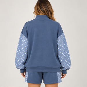 Women's Dusty Blue Polka Sleeve Mock Neck 2-Piece <b>Shorts</b> <b>Set</b> Custom Casual Sportswear - Product Image 2