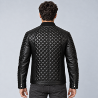 Blouson d'hiver pour homme en cuir véritable noir et toile, col en V, fermeture éclair intégrale, style motard, personnalisable