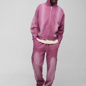 Conjunto de Sudadera con Capucha y Pantalones de Chándal con Cierre de Cremallera, Efecto Desgastado por el Sol, Cintura Elástica, Oversize, Estilo Jogging, Felpa Francesa, Tie Dye, Lavado Ácido - Product Image 1