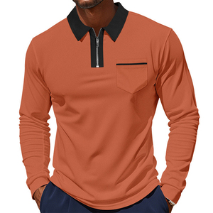Polo de Punto de Manga Larga para Hombre, Color Sólido, con Bolsillo, Corte Regular Informal, Cuello con Cremallera Delantera, Naranja y Negro - Product Image 1