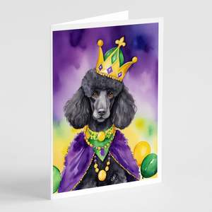 Whimsical A7 Size 5x7 Black Poodle King of Mardi Gras Blank <b>Note</b> <b>Cards</b> Pack of 8 with Envelopes for <b>Greetings</b> - Product Image 1