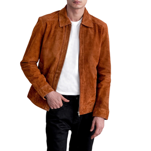 Custom <b>Mens</b> Brown <b>Suede</b> Leather <b>Jacket</b> Classic Collar Prime Zip Up Coats OEM Private Label Apparel Manufacturer Wholesale Supply - Product Image 4
