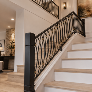 Rampe d'escalier en fer forgé noir et or de luxe, design en treillis diamanté pour escalier intérieur de villa, panneau de balustrade - Product Image 2
