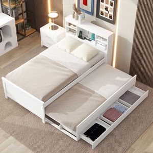 Letto a piattaforma singolo bianco con testiera contenitore, ricarica USB, letto estraibile e 3 cassetti - Product Image 4