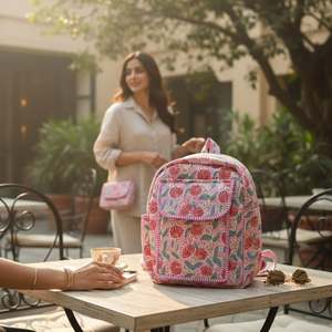 Sac à dos fourre-tout matelassé en coton fait main tendance pour filles, idéal pour les voyages et les pique-niques, sac portable de haute qualité imprimé au bloc, le meilleur choix - Product Image 2