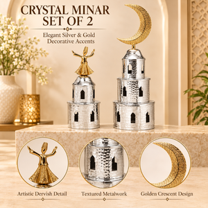 Juego de 2 Minaretes Decorativos Islámicos de Acero Inoxidable con Luna Creciente Dorada y Figura Bailarina |   Decoración de Mesa para el Hogar en Ramadán y Eid - Product Image 5