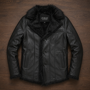 Furcliff Black Leather Men's Stand Collar <b>Coat</b> <b>Zipper</b> Closure Breathable Vintage Style Casual Regular Fit Autumn Polyester - Product Image 1