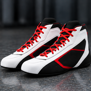 Moto <b>Boots</b> Ankle White Black Red Genuine Leather Upper <b>Mesh</b> Lining Breathable Hook Loop Closure Rubber Outsole Closed Toe Kart - Product Image 3