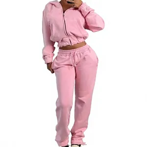 Women <b>Pink</b> Hooded Zipper <b>Tracksuit</b> Full Length Side Pockets Casual Solid Color Cotton Material Loose Fit Spring Wear - Product Image 6