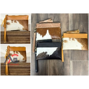 Best Selling Tan & White Cowhide Leather Wristlet Clutch <b>Wallet</b> for Women Western Boho Zipper Pouch Handmade Cowhide Hand Purse - Product Image 1