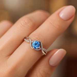 Anillo de banda infinita con gema de moissanita azul zafiro, minimalista original, fino, para mujer, plata 925, regalo especial para aniversario - Product Image 4