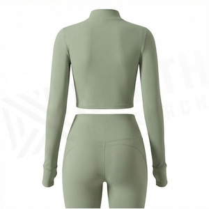 2 Piece Yoga Set Solid Green Full Sleeve Crop <b>Top</b> High Waist Leggings Zipper Front <b>Sweat</b> Wicking Breathable Sportswear - Product Image 2