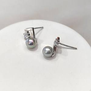 Boucles d'oreilles en argent véritable multi-cannabis argenté bleu gris S925, perles d'eau de mer rondes naturelles Akoya de 5,5 à 6 mm, forte luminosité - Product Image 1