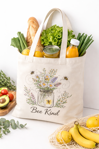 Eco Friendly Cotton <b>Canvas</b> <b>Tote</b> Bag With Floral Bee Print Reusable Shopping Grocery Carry Bag With Long Handle - Product Image 2