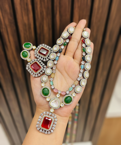 Brass <b>Statement</b> <b>Necklace</b> Set Emerald Cut Doublet Stone Crown Earrings Colorful Beaded Jewelry for Women Party - Product Image 2