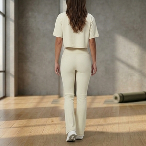 Ensemble de yoga 2 pièces uni pour femme, haut ample et pantalon taille haute, séchage rapide, respirant, en Spandex/Nylon, pour la course, le sport et la gym - Product Image 2