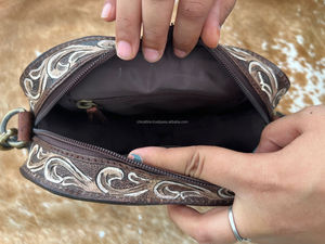 Best Selling Women's Western Cowhide Genuine <b>Leather</b> Floral <b>Purse</b> Heart-Shaped Crossbody Handbag Zipper Closure Cowgirl Style - Product Image 4