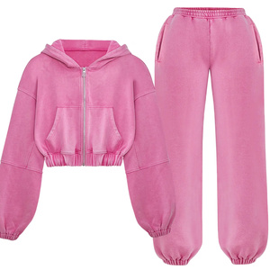 Sudaderas con capucha recortadas con cremallera de lana de algodón lavado, conjunto de chándales con paneles de mangas holgadas de gran tamaño para mujer - Product Image 2