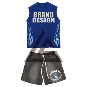 โรงงานผู้ผลิตเสื้อกล้ามและกางเกงขาสั้นชุดเซ็ตฤดูร้อนผ้าฝ้าย 100% ซักกรดแบบเรียบ สำหรับผู้ชาย คุณภาพสูง - Product Image 4