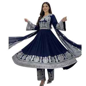 Robe afghane Kuchi orange vif avec des bordures brodées bleues et dorées contrastées, dotée de manches cloche traditionnelles - Product Image 1