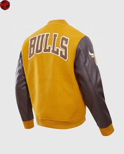 Lettermen Varsity <b>Jacket</b> <b>Men</b> <b>Yellow</b> PU Leather Sleeve Embroidered Patch Front Baseball Collar Casual Outerwear - Product Image 4
