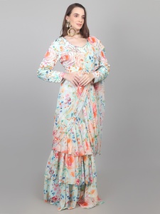 Nueva Colección de Moda Femenina: Sari Estampado Listo para Usar con Volantes y Adornos de Cuentas - Product Image 1