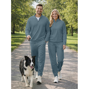 Men's Quarter-Zip Fleece Tracksuit <b>Set</b> Solid Color Casual Autumn Wear Breathable <b>Knitted</b> Cotton Pants and Top - Product Image 6