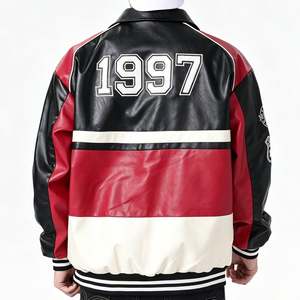 Blouson universitaire réversible en PU pour homme, motifs patchwork rouge, noir et blanc, col rabattable, streetwear automne, polyester 220g - Product Image 2