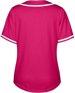 เสื้อเบสบอลสีชมพูสดสำหรับผู้หญิง แขนสั้น ติดกระดุม ชุดซอฟต์บอล แต่งขอบสีขาว - Product Image 3