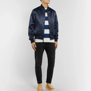 Blouson bomber en satin sur mesure pour homme, couleur bleu marine, manches longues, boutonné, léger, coupe-vent, pour adulte. - Product Image 4